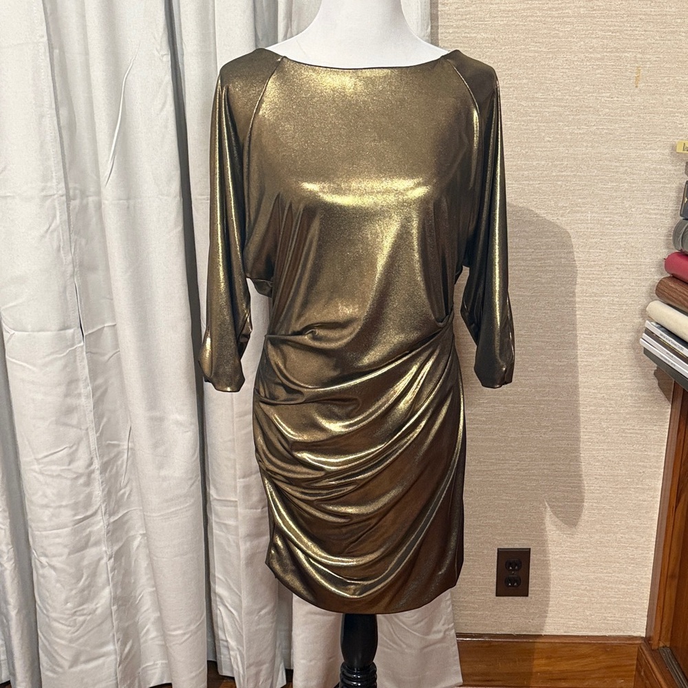 RACHEL Rachel Roy Metallic Gold Metallic BodyCon Long Sleeve Dress